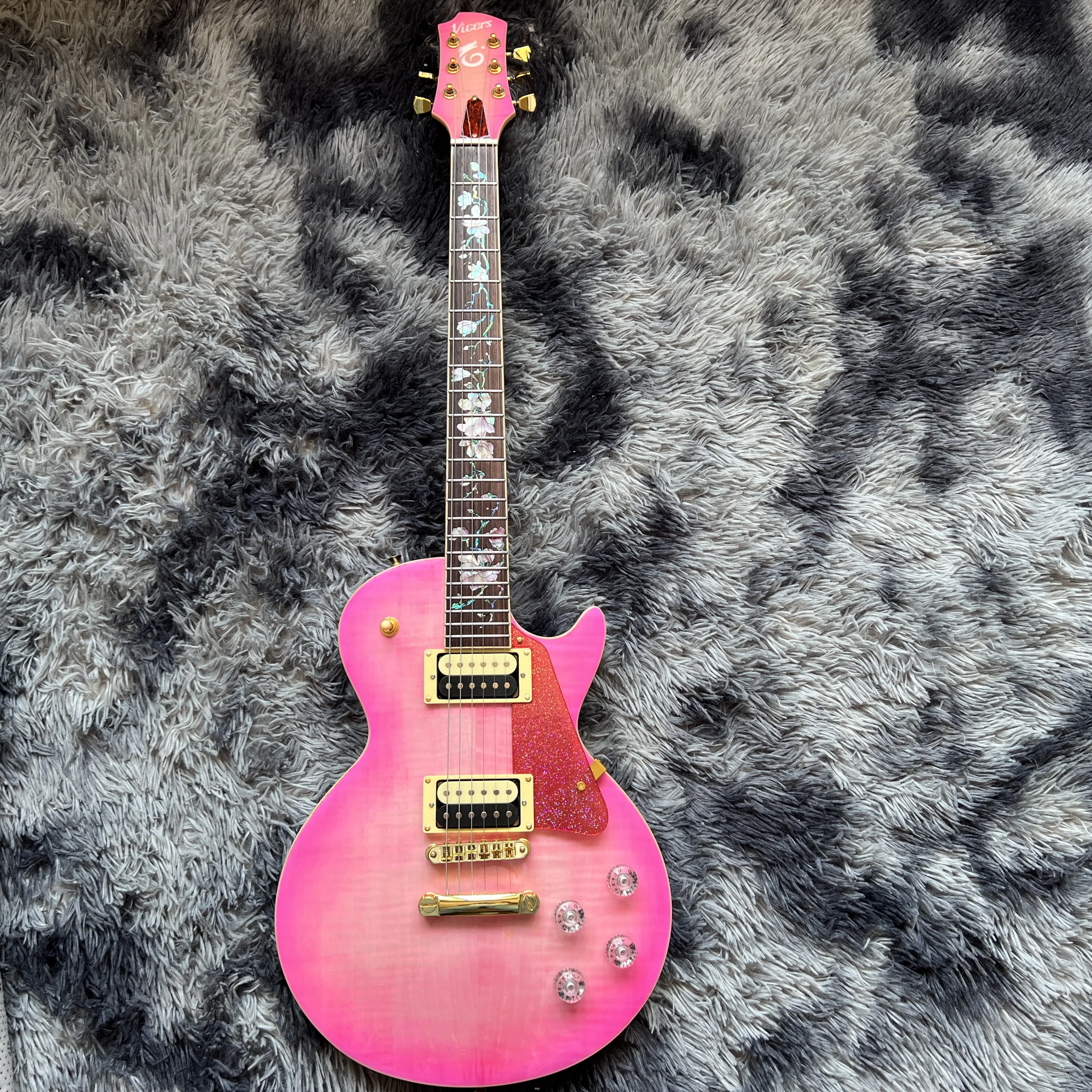 

Pink color Standard Electric Guitar Solid Body Rosewood Tiger Flame Top Guitarra Fingerboard Abalone flower inlaid fingerboard