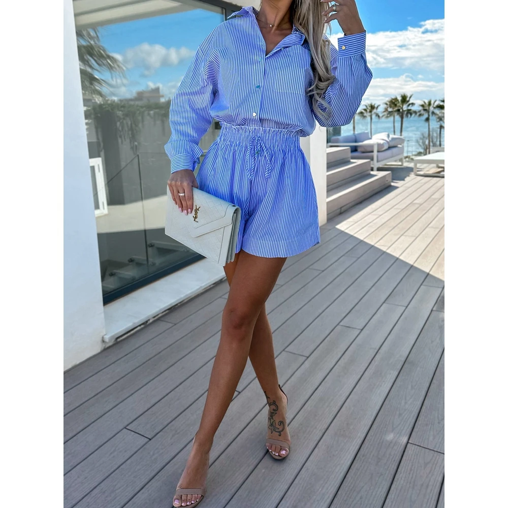 Women Casual Office Long Sleeve Sweet Blue Striped Blouse Shirt & Frill Bow Shorts Set Summer Pocket Vacation Workwear Suit Set