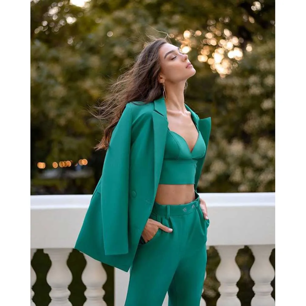 Женский офисный костюм из двух предметов зеленый с жакетом вырезом на воротнике