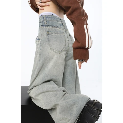 Blue Womens Jeans High Waist Vintage Straight Baggy Denim Pants Streetwear American Style Fashion Female Wide Leg Denim Trouser