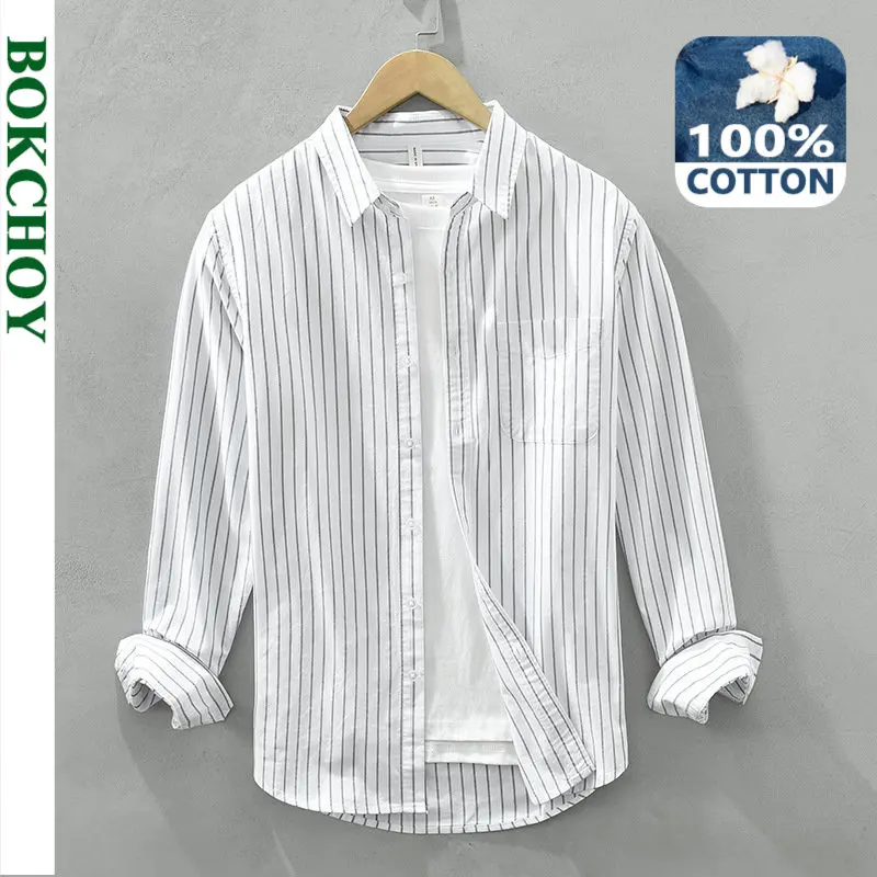 

2023 Spring Summer New 100% Cotton Striped Shirt for Men Clothing Slim Casual Streetwear C8858