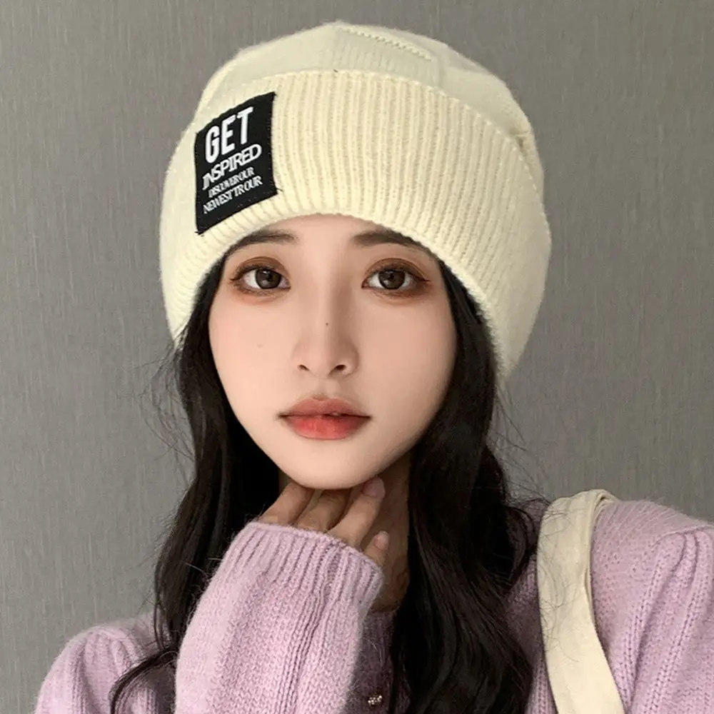 

Cloth Mark Faux Wool Outdoor Sunscreen Cap Dome Korean Style Beanies Hat Autumn Winter Cap Women Pullover Cap Knitted Pile Hat