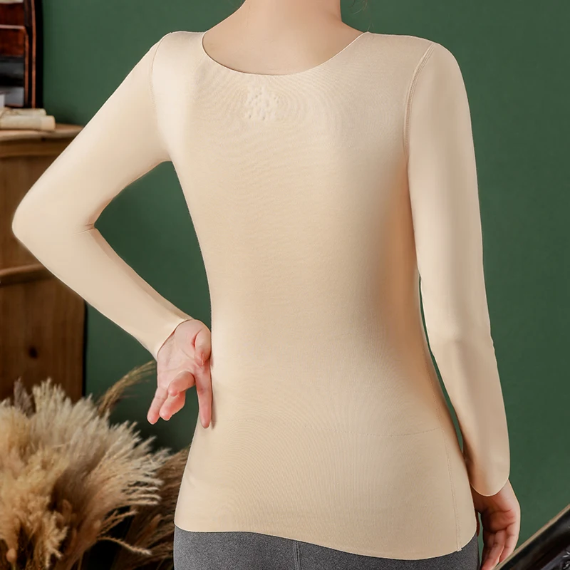 Autumn Winter Velvet Latex Cup One-piece Women Thermal Underwear Plus Velvet Thick Top Round Collar Long-sleeved Clothes