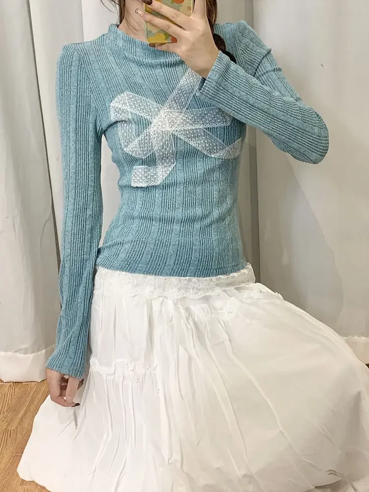 HOUZHOU корейский стиль с бантом Y2k вязаный пуловер женский милый кружевной свитер