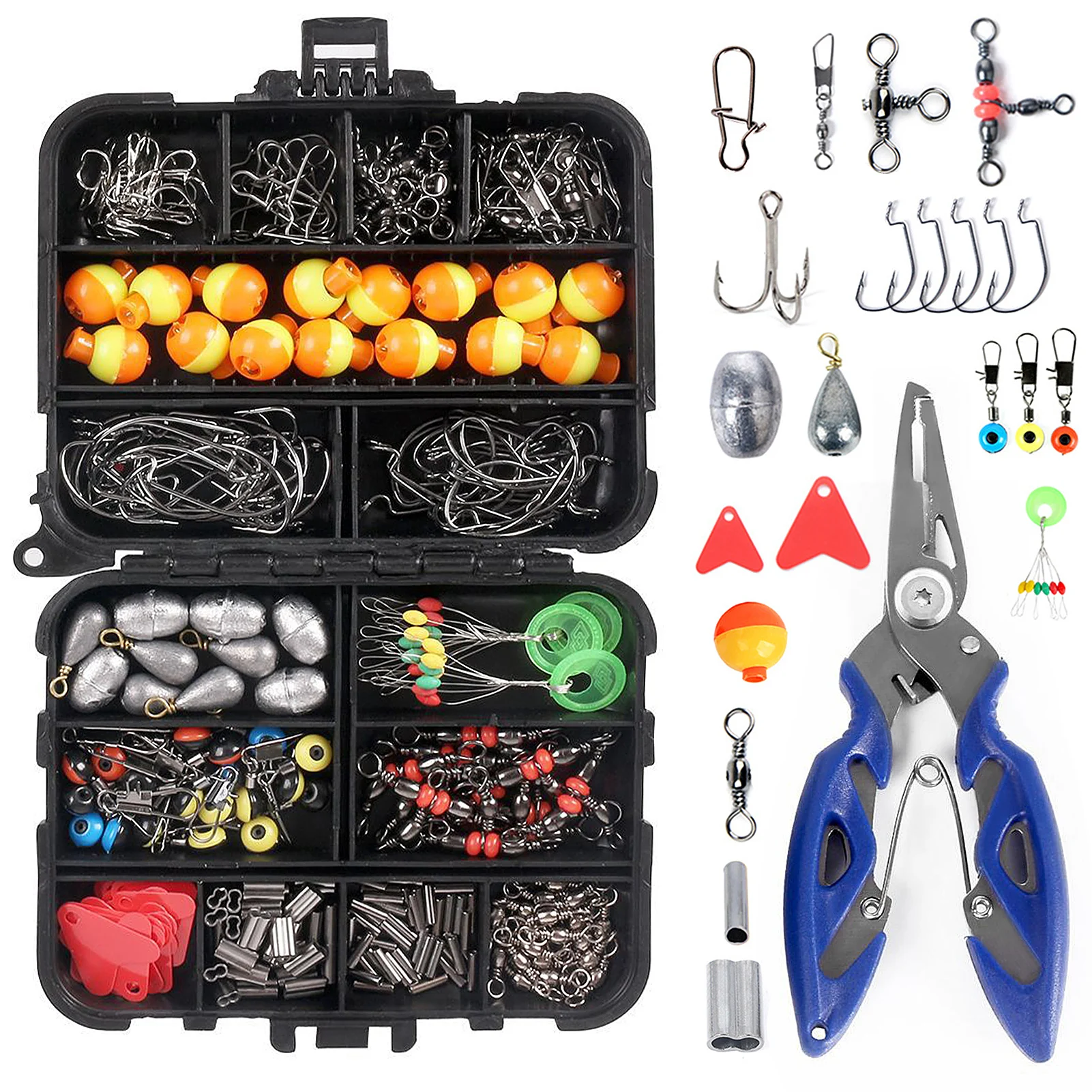 

263pcs Fishing Accessories Set with Tackle Box Including Plier Jig Hooks Sinker Weight Swivels Snaps Sinker Slides