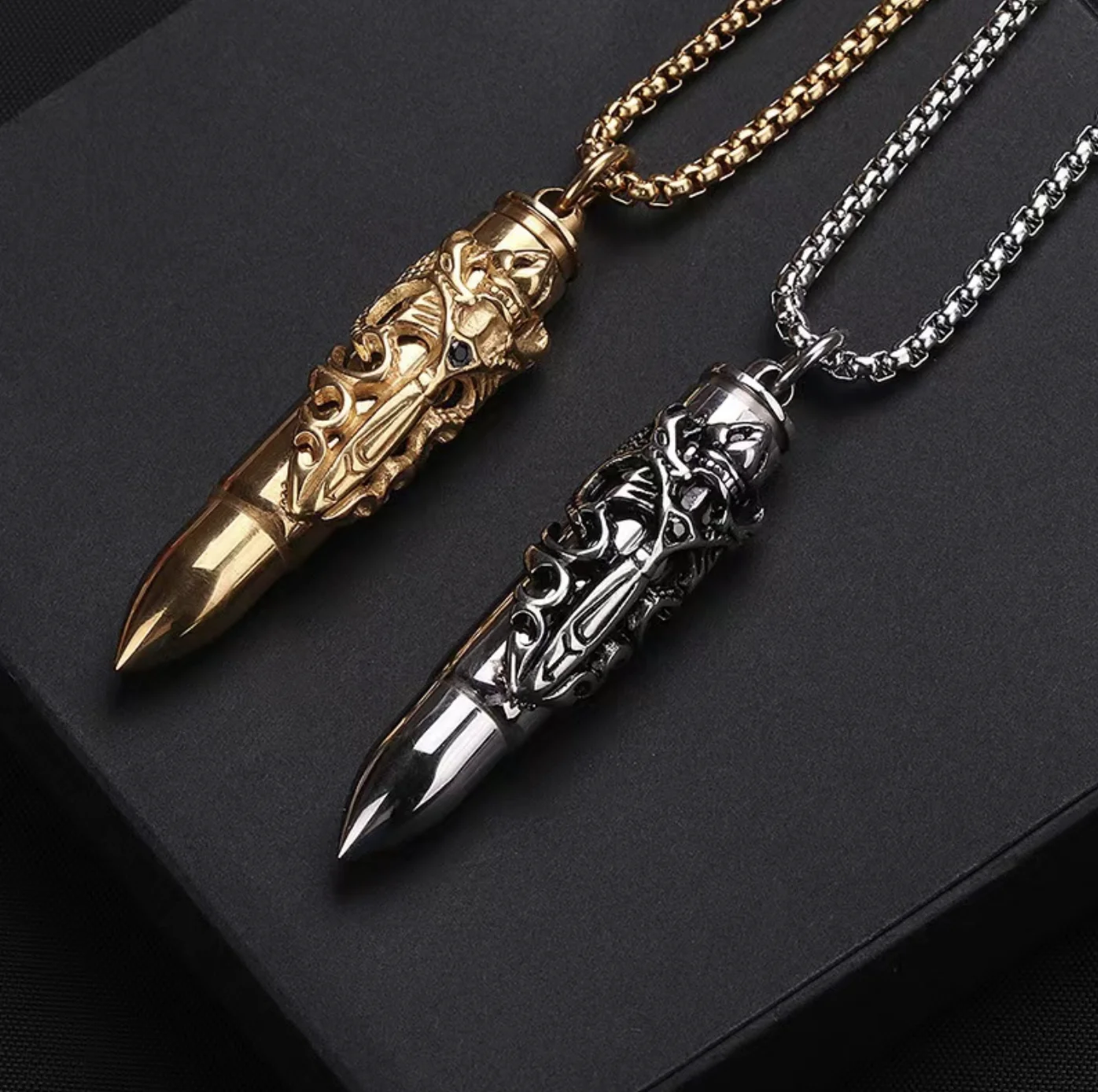 

Punk jewelry titanium steel double dragon sword bullet pendant necklace creative accessories casting can unscrew men chain