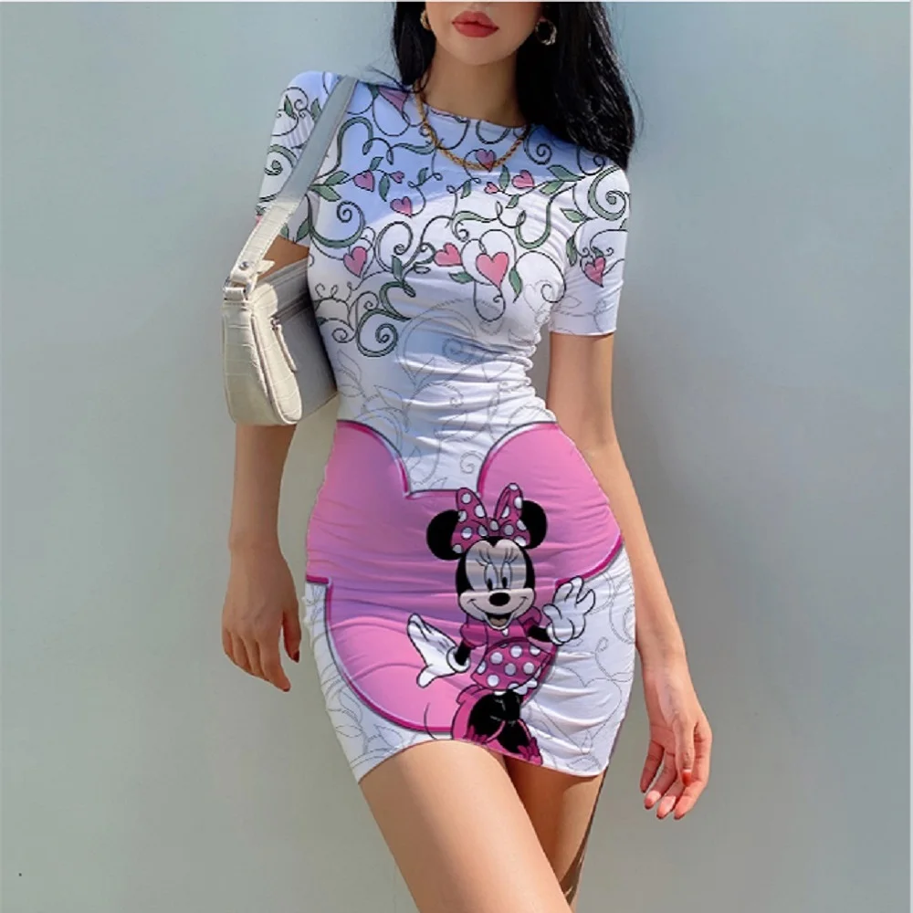 

Disney Minnie Mickey Mouse O neck Bodycon Mini Dress Basic Women Summer Short sleeve Party Sexy Clubwear Vacation Dresses