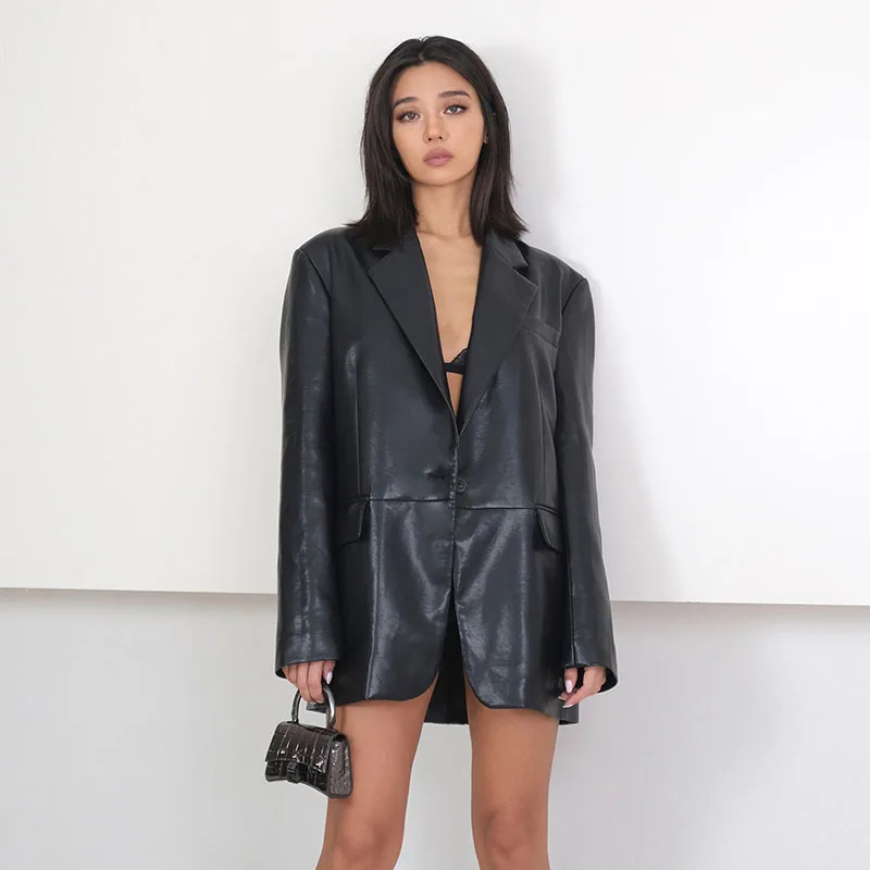 

Genuine Leather Oversize Coat Woman 2023 Spring New Black Loose Single Button Locomotive Sheepskin Suit Jacket High Street