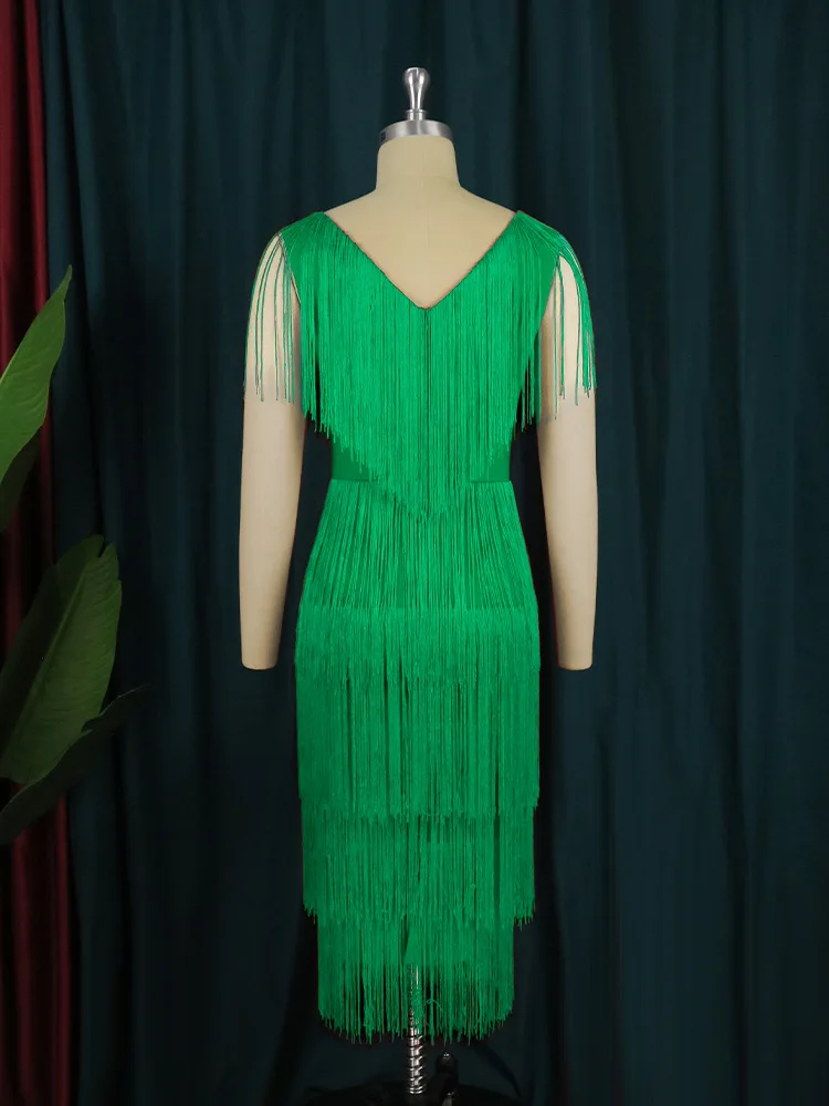 Evening Party Dresses Large Women's V-neck Sleeveless Plus Size Dress High-waisted Mid-length Fringed Skirt With Buttock Skirt