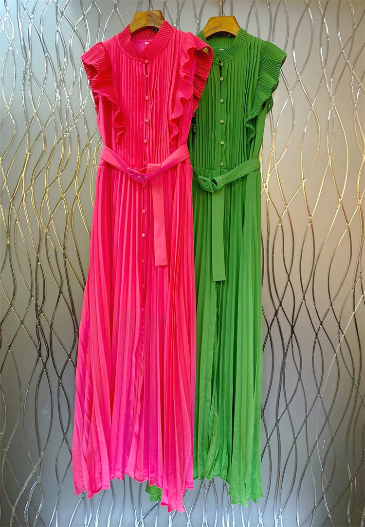 

Женское длинное плиссированное платье, зеленое повседневное длинное платье макси с поясом и оборками, лето 2023