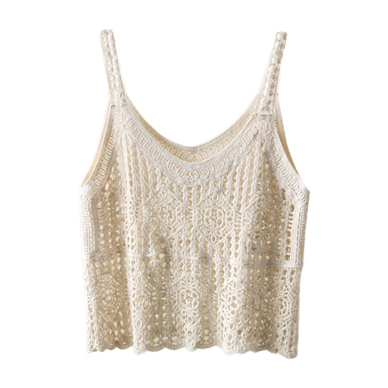 

Women Crochet Boho Camisole Vest Hollow Out Knitted Heart Plaid Crop Tank Top Sexy V-Neck Loose Summer Beach Cover Up