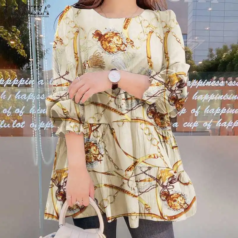 

Блузка ZANZEA женская с винтажным принтом, Модный повседневный мешковатый топ с оборками и длинным рукавом, в офисном стиле, большие размеры, в...