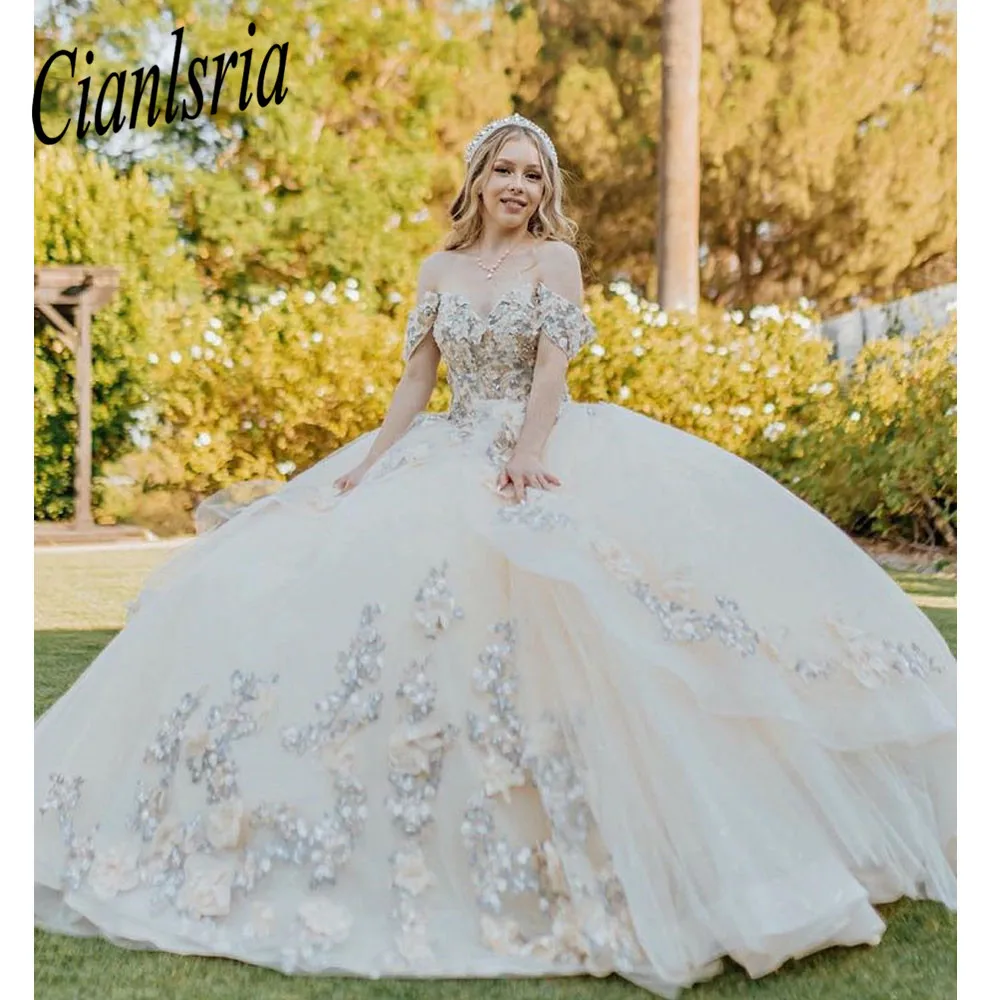 

Легкое платье цвета шампанского с 3D цветочными оборками, бальное платье, Цветочная аппликация, кружевной корсет, платье для пятилетних лет