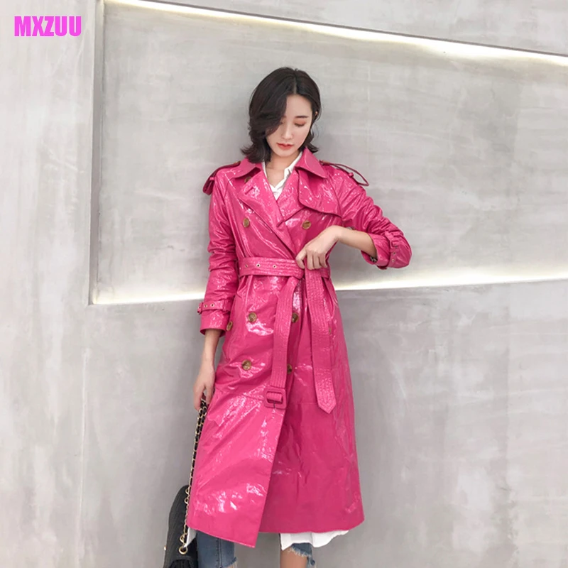 

Genuine Leather Trench Coat Women Autumn Winter Sheepskin Vintage Double-Breasted Pink/Red Long Bright Patent Leather Jackets