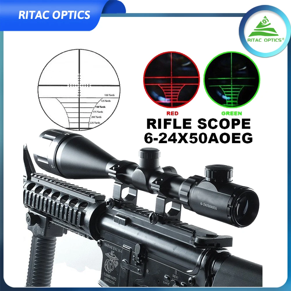 

6-24x50AOEG красно-зеленый мил-точечный оптический прицел для охотничьей винтовки монокулярный зум с кольцами