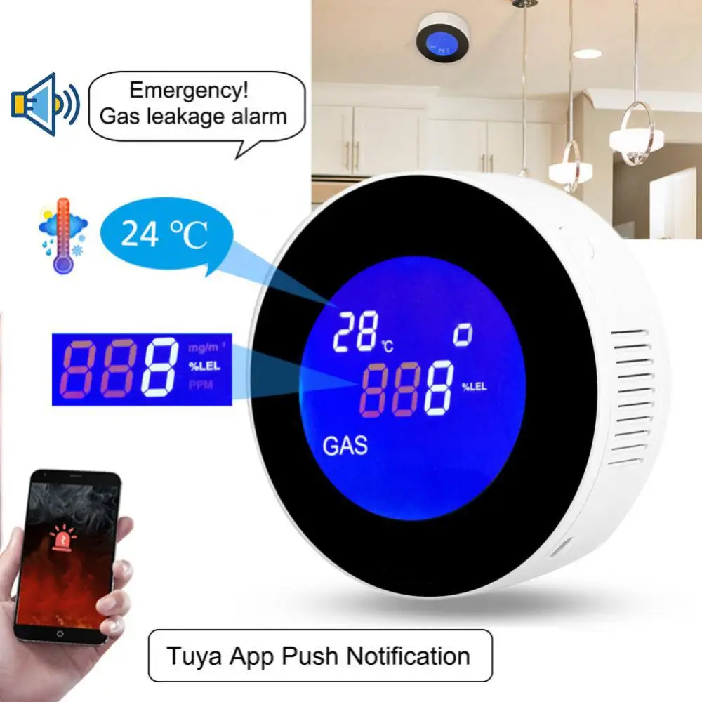 

Tuya Wifi Home Kitchen Security Alarm Gas Detector Gas Leakage Real-time Monitoring Temperature Display Wireless Gas Leak Sensor