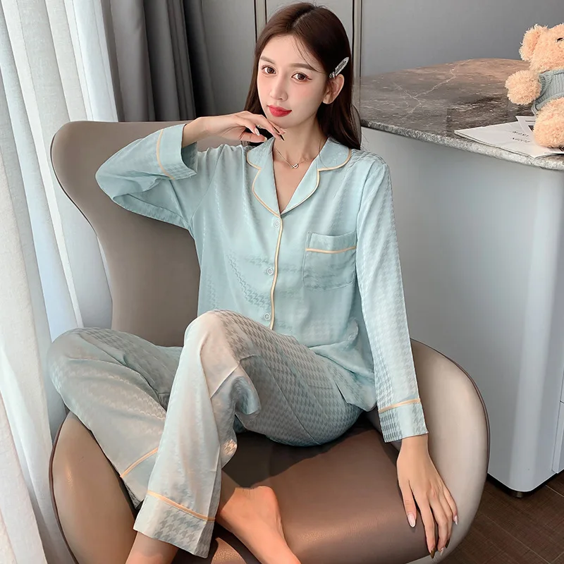 Spring Autumn Women Pajamas Suit Coat Pant Pocket Loose Soft Breathable Long Sleeve Jacquard Plaid Home Wear Summer Thin Pyjama