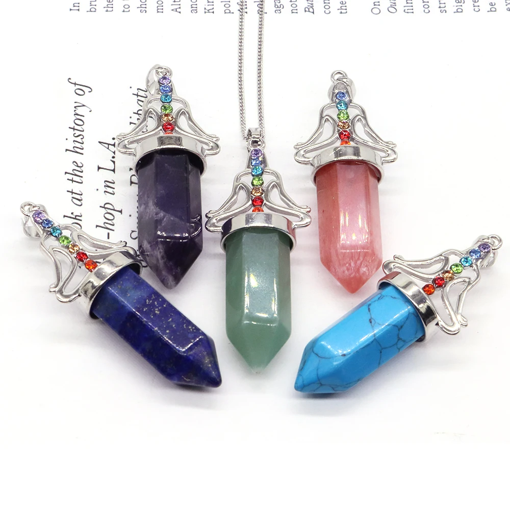 

12x30mm Natural Stones Pendant Amethyst Quartz For Jewelry Making Hexagonal Column Charms Necklack 7 Chakra Meditation Pendulum