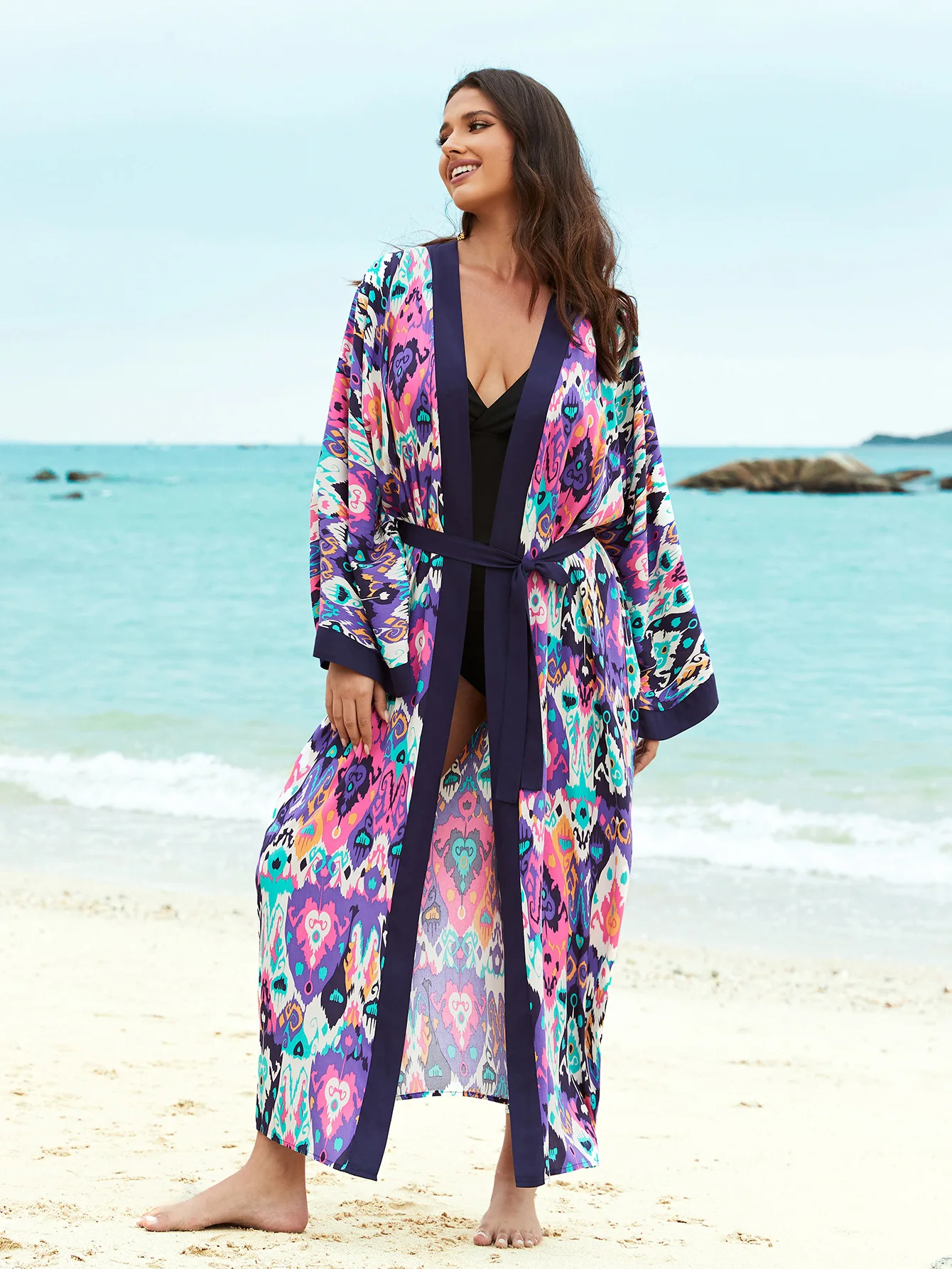 Пляжное кимоно женские накидки для купальников с цветочным принтом длинным