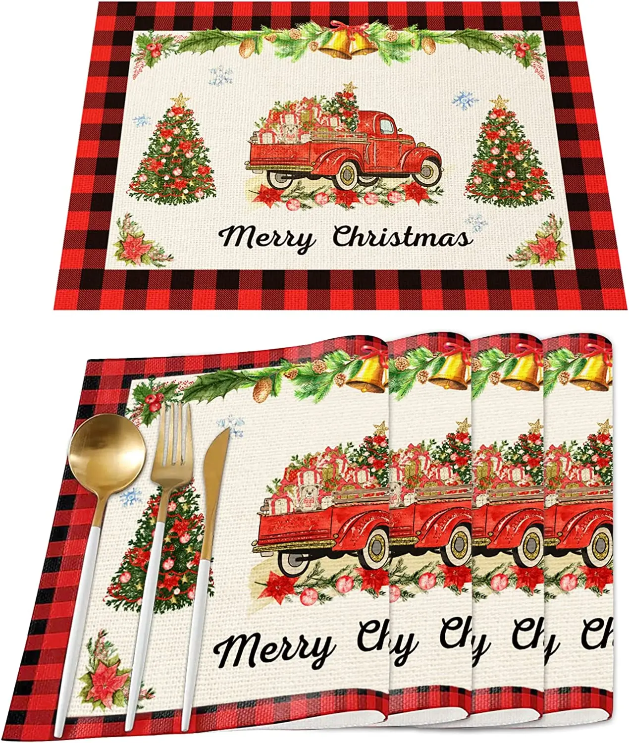 

Christmas Placemats Set 4 Pcs Red Buffalo Plaid Table Mat Farmhouse Red Truck Place Mats Christmas Tree Placemat Holiday