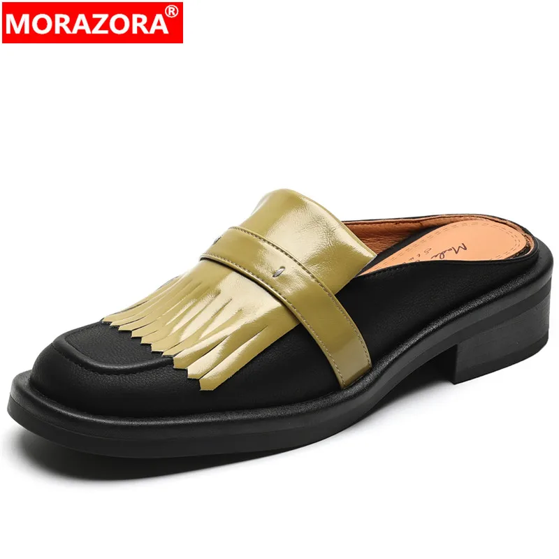 

Женские мюли из натуральной кожи MORAZORA, черные или белые шлепанцы на среднем квадратном каблуке, лето 2023