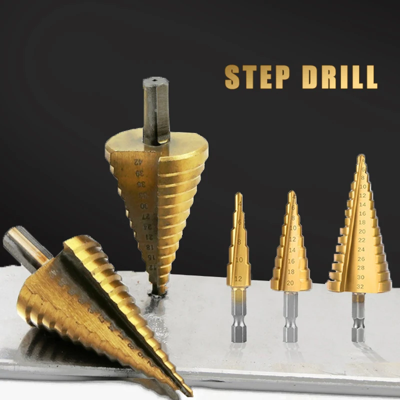 

HSS Titanium Coated Step Drill Bit High Speed Steel Metal Wood Hole Cutter Cone Drilling Power Hand Tools 3-12 4-12 4-20 4-32MM