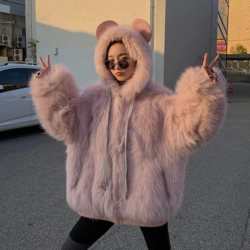 Fox Fur Collar Hooded Luxury Rabbit Faux Fur Jacket Manteau Femme Hiver Plus Size Patch White Teddy Coat Woman Winter Overcoat