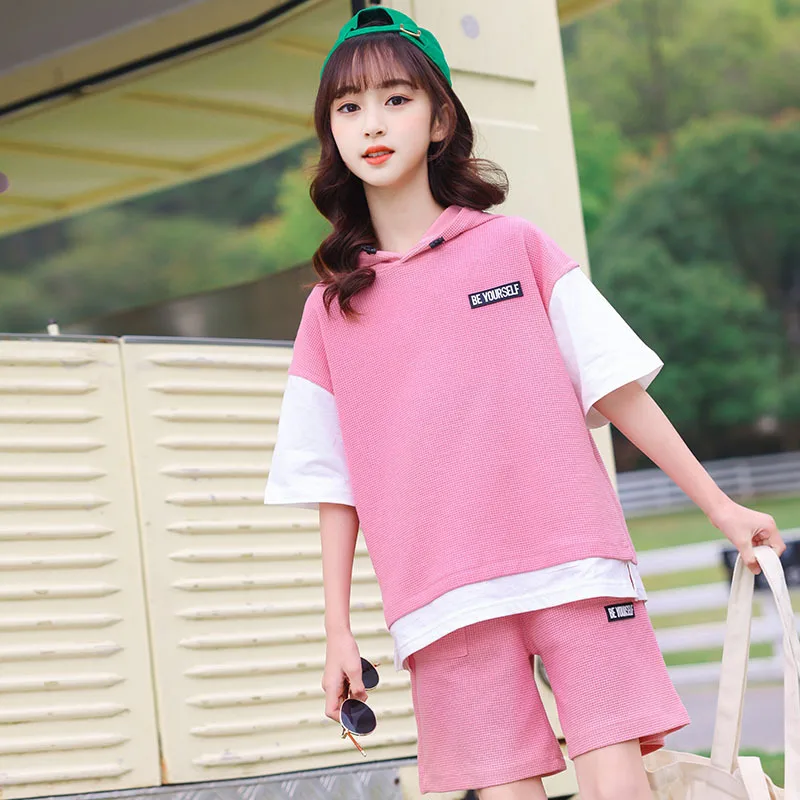 

Children Summer Girls Clothing Set Fashion Hooded Splicing Loose Short-sleeved Sports Suits Kids Tracksuit Casual Teen Clothes