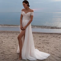 vintage beach shine wedding dress off shoulder pleat floor elegant bohemian bridal gown for woman sleeveless high slit formal