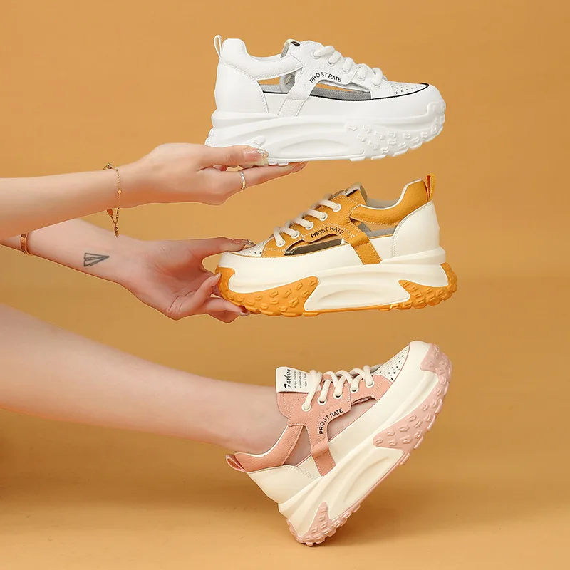 7cm Genuine Leather Platform Wedge Woman Comfortable Fashion Breathable Women Chunky Sneakers Summer Hollow Leisure Women Shoes