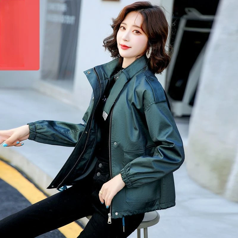 

New Spring Women Faux Leather Coat Biker Fashionable Coat Turndown Collar PU Motorcycle Jackets Loose Streetwear Outerwear L376