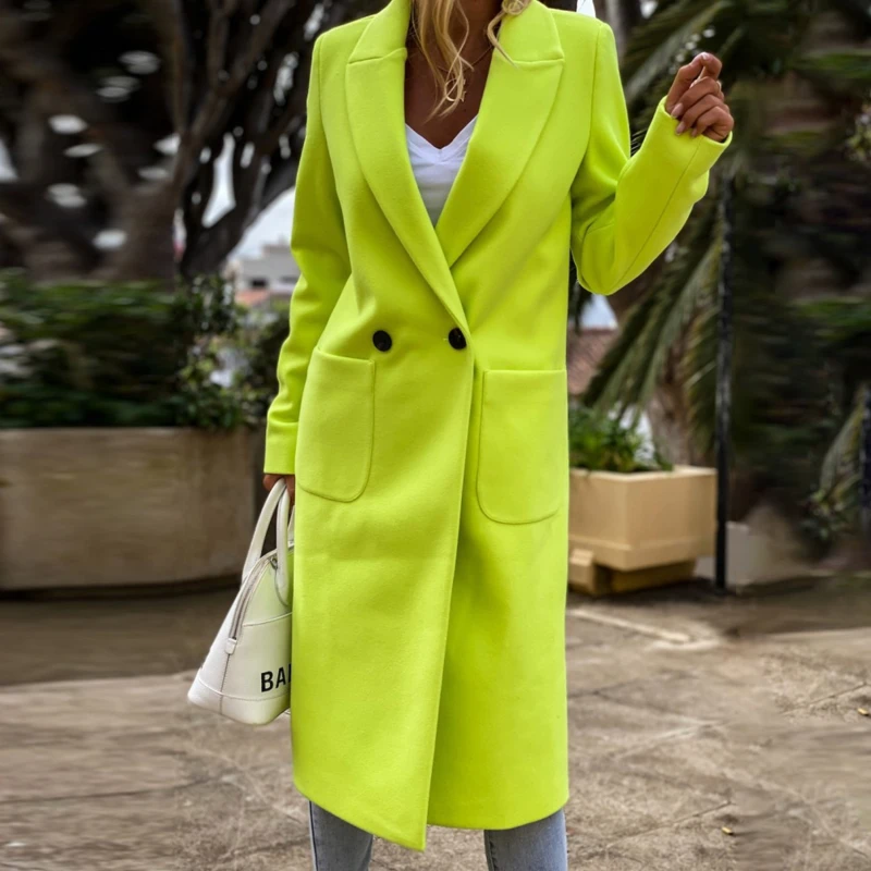 

Office Lady Elegant Coat 2022 Fashion Women Solid Color Pocket Slim Outerwear Lapel Blazer Commuter Long Coats Woman Clothing