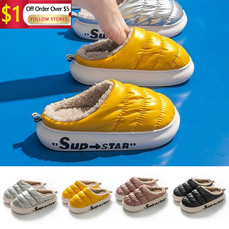 

Women Men Warm Plush Slippers Down Cloth Waterproof Thick Platform Winter Slides Soft Non Slip Flats Bedroom Couples Indoor Shoe