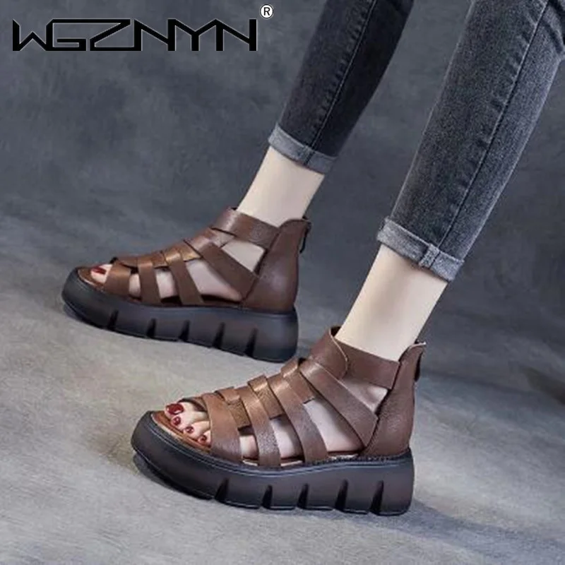 

Fashion Genuine PU Leather Thick Bottom Middle Heel Summer Light Bottom Roman Women's Sandals 2022 New Rear Zipper Cross Sandals