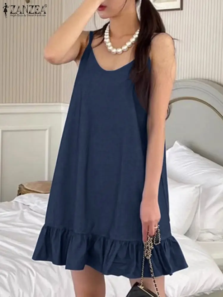 

ZANZEA Denim Blue Dresses Fashion Summer Strap Dress Women Casual Beach Tanks Robe Vintage Jeans Sundress Ruffles Party Vestidos