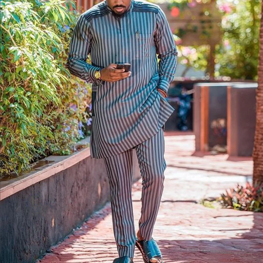 

New Striped Print African Men Dashiki Long Sleeve T-Shirt Trouser Set Summer and Autumn Male 2 Pieces Outfit Suit Casual 2022