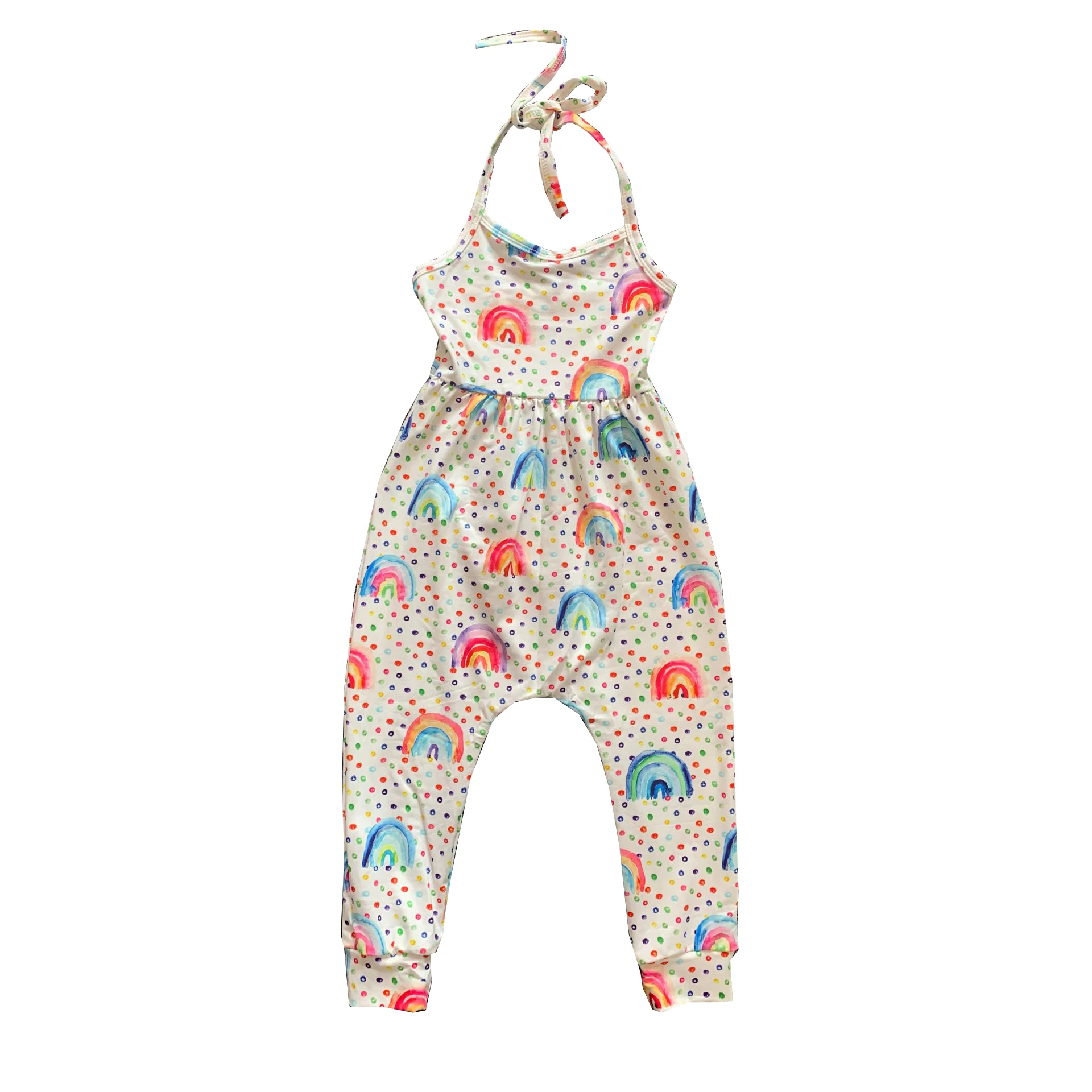 

Wholesale Toddler Girls Jumpsuit Sleeveless Halter Neck Rainbow Rubik's Cube Print Kids Romper