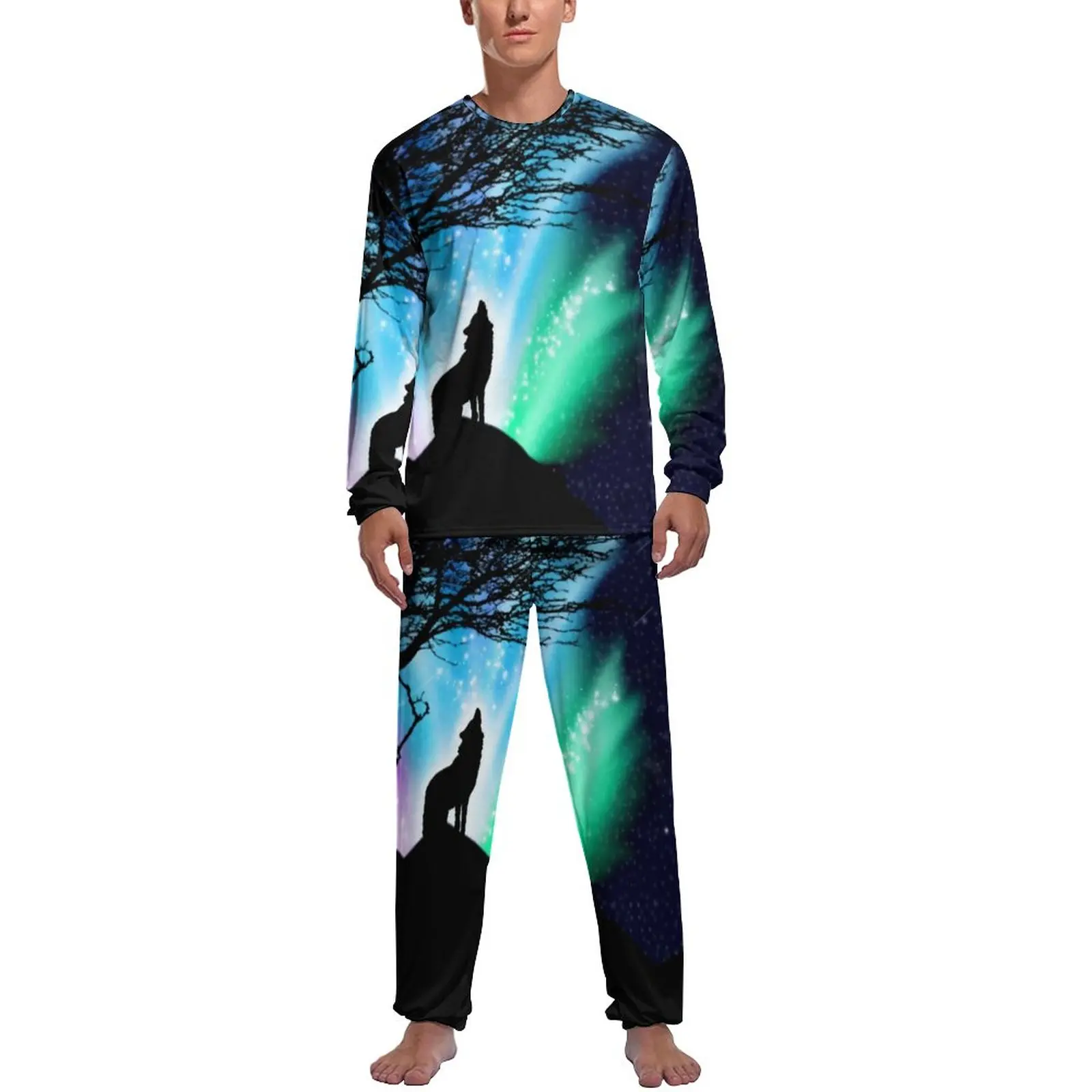 

Wild Wolf Pajamas Mens Northern Lights Cute Home Suit Autumn Long Sleeves 2 Pieces Sleep Design Pajamas Set