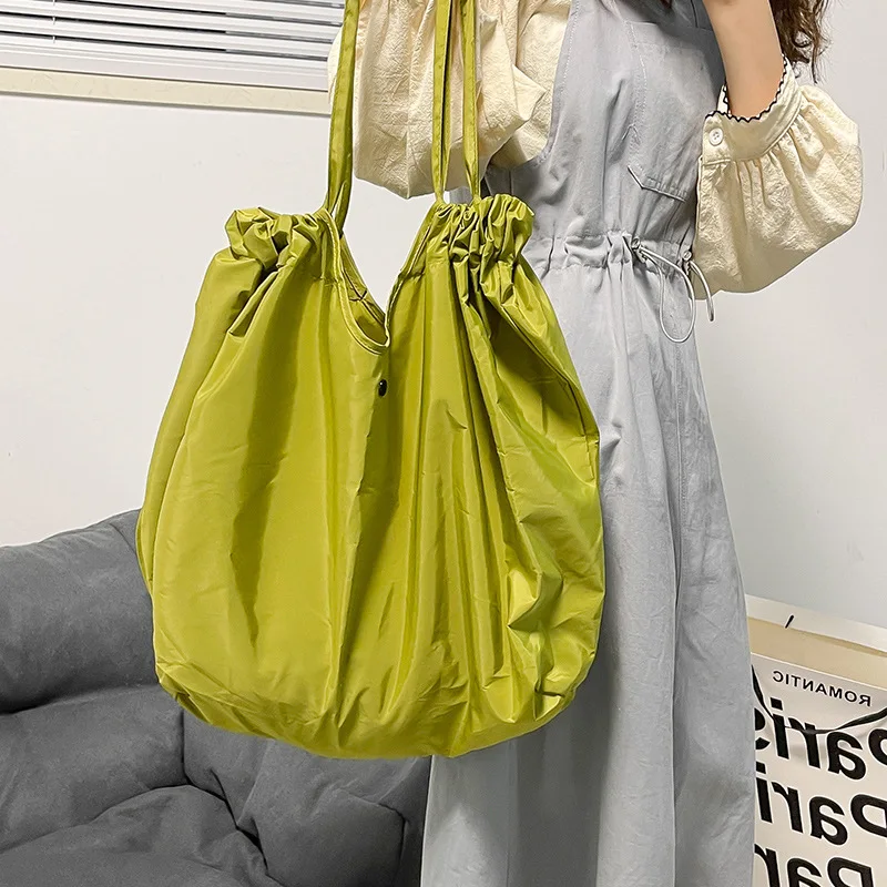 Fashion Women' Shoulder Bag Drawstring Reusable Large Female Tote Bag Nylon Ladies Shopping Handbag Foldable BagsWith String