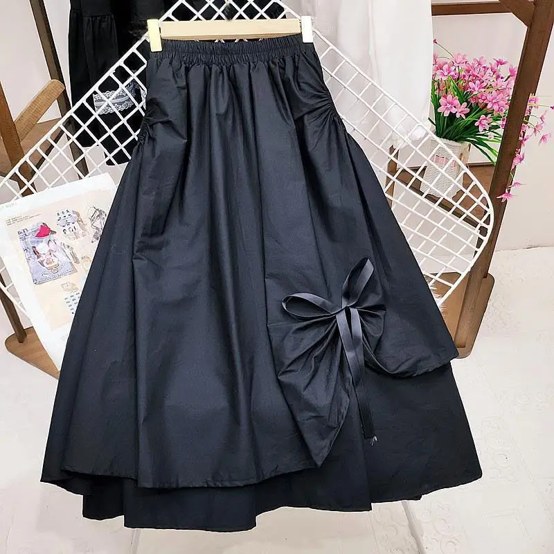 

Bow Tie Sweet Skirts Solid Color High Waist Streetwear Irregular A-line Black Causal Midi Spring Summer OverSize Skirt