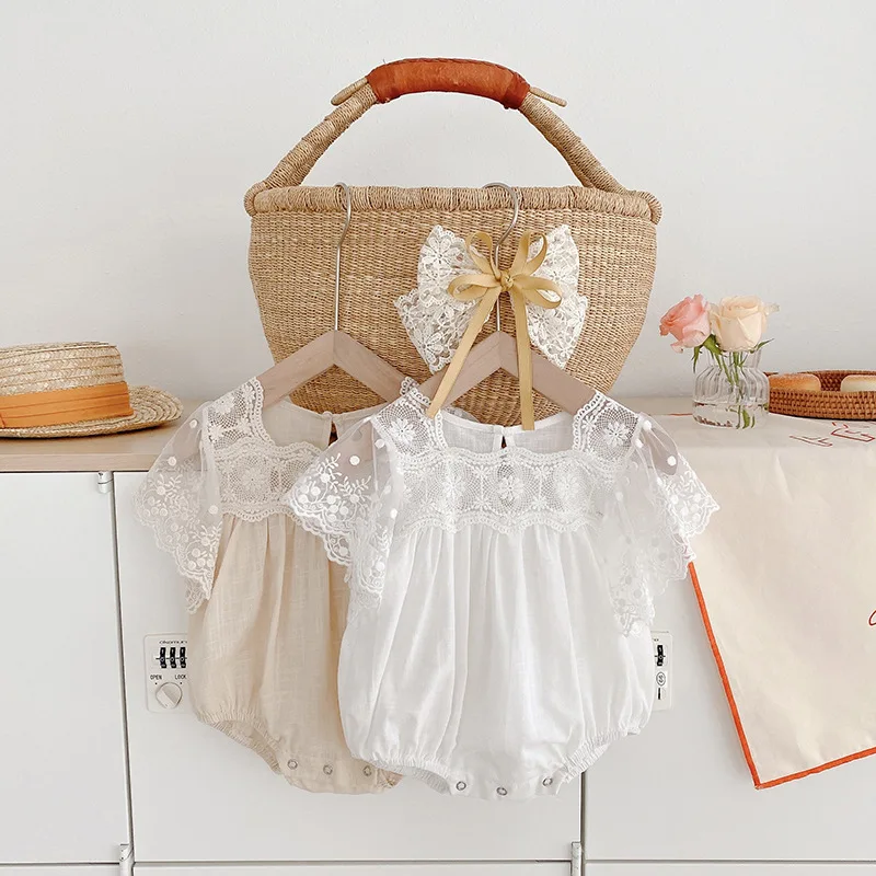 

Baby Girls Lace Bodysuit Summer Newborn Tulle Sleeve Princess Romper for Party Fashion Cute Cotton Infant One-pieces