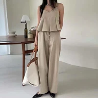 two piece sets korean chic pleated camisole and casual high waist loose wide leg pants suit women summer 2022 new japan