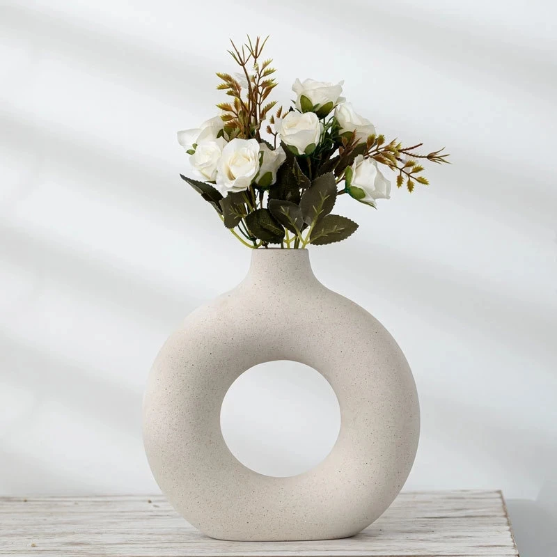 

Nordic Circular Hollow Ceramic Vase Donuts Flower Pot Home Decoration Accessories Office Desktop Living Room Interior Decor Gift
