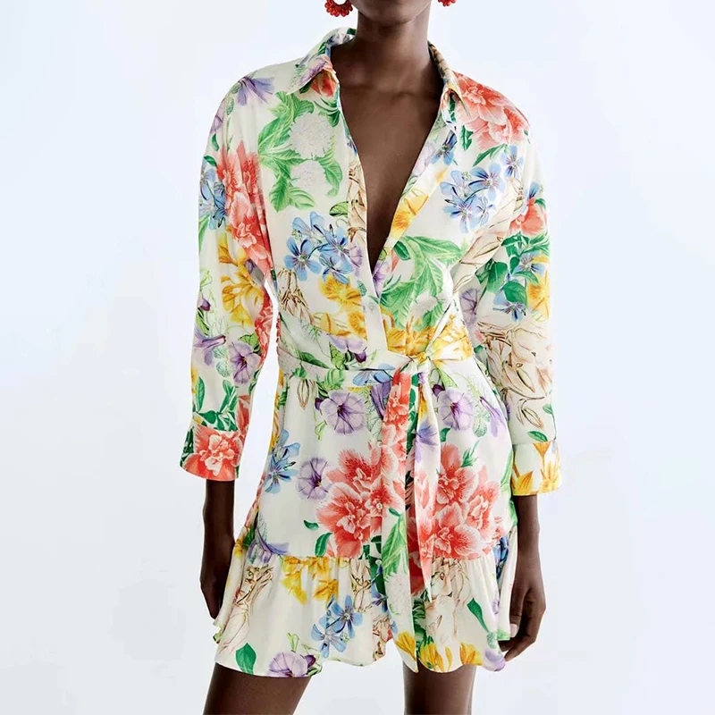 

Женское Короткое платье-рубашка с поясом, повседневное однобортное платье с отложным воротником и рукавом в три четверти, весна 2022