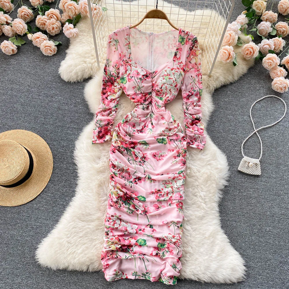 

Light familiar style square-neck dress long skirt women's pleated self-cultivation high-end elegant feminine package hip dress