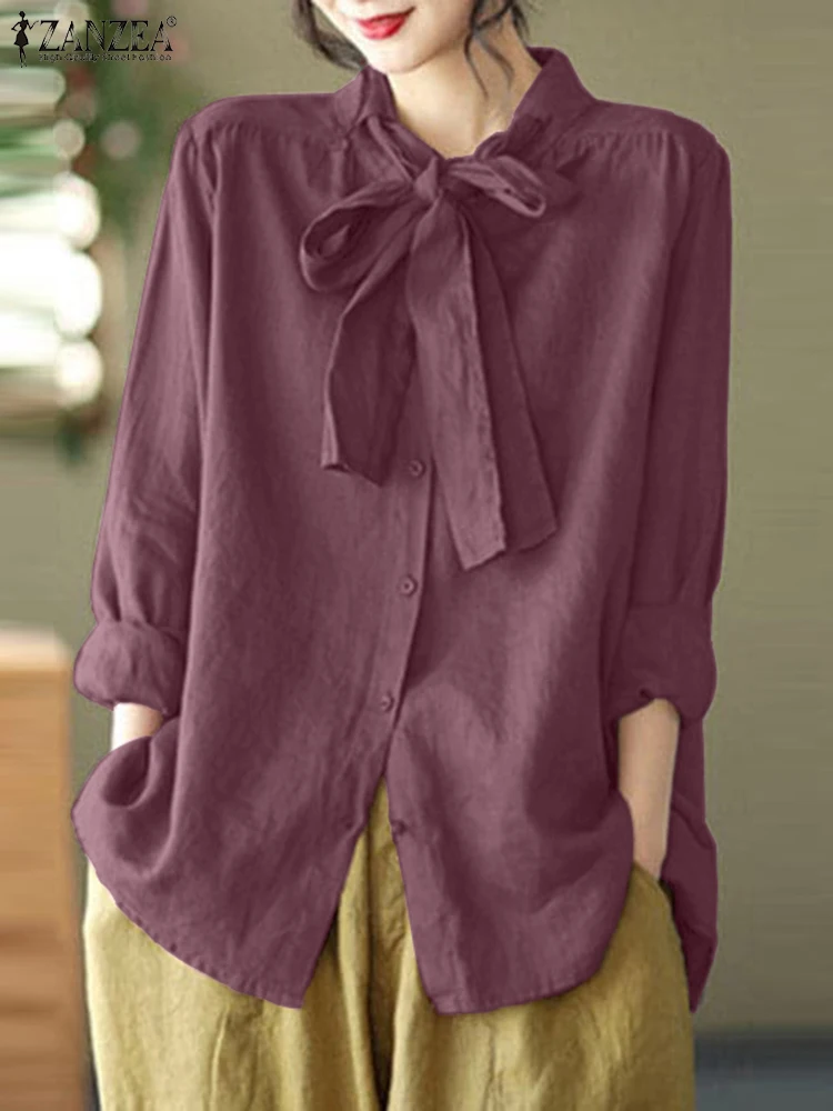 

ZANZEA Women Vintage Long Sleeve Lace Up Shirt Fashion Autumn Solid Holiday Blouse Casual Buttons Down Loose Tops Tunic Blusas