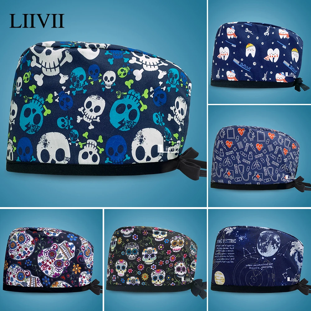 

Multicolor Cotton Scrub Hat Adjustable Unisex Cartoon Printing Nursing Caps Pet Clinic Doctor Hats Adjustable Surgical Scrub Cap