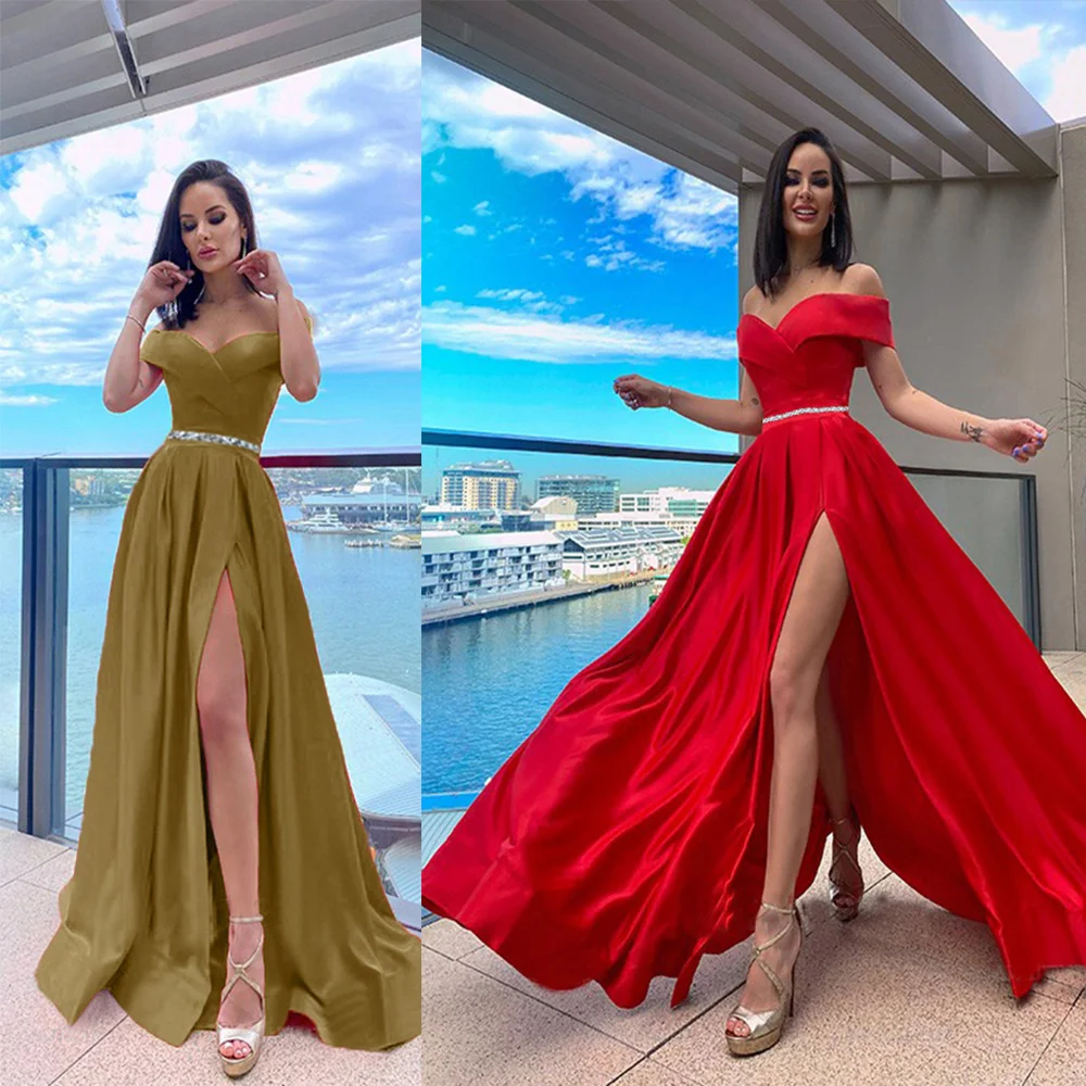 Women Fashion Soft Satin Party Dress Off-Shoulder V-neck Prom Evening Dress Elegant Sexy High Split Formal Dresses