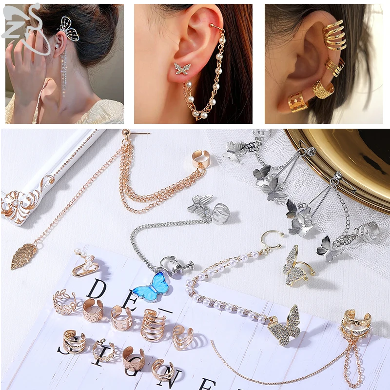 

ZS Geometric Butterfly Non-Piercing Ear Clip for Women Fake Cartilage Chain Earring Cuff Pearl Zircon Long Chain Tassel Earrings