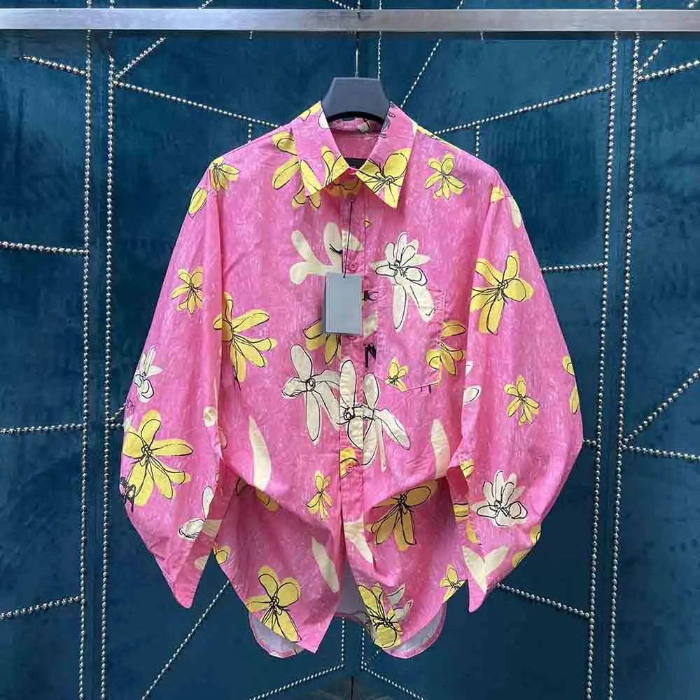 

2022 Autumn New Style Luxury Pink Flowers Shirt Men Women Oversized HipHop Streetwear Turn-down Collar Shirts Men